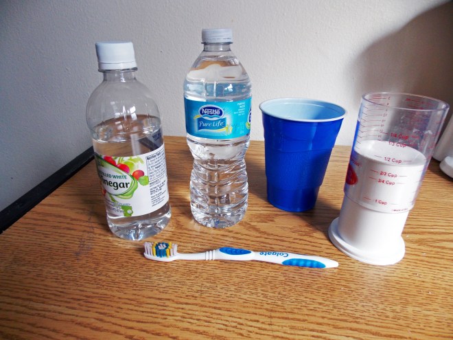 water, vinegar, toothbrush, soap
