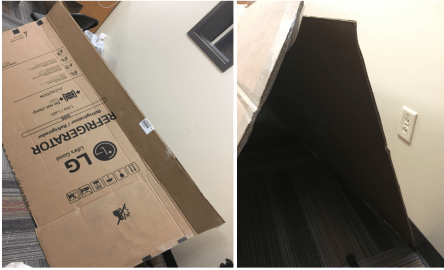 two photos of a box cut in half